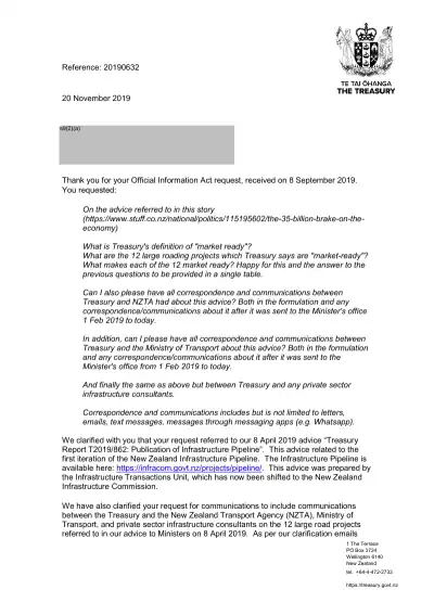 Official Information Act request - Treasury reference 20190632 (market ready roading projects and the Infrastructure Pipeline)
