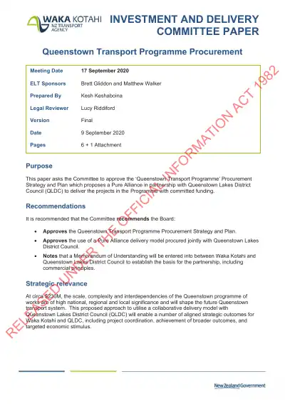 Investment and Delivery Committee Paper: Queenstown Transport Programme Procurement