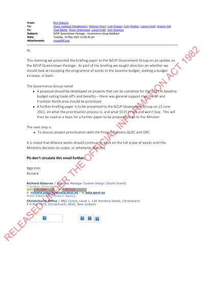 NZUP Queenstown Package - Governance Group feedback (email)