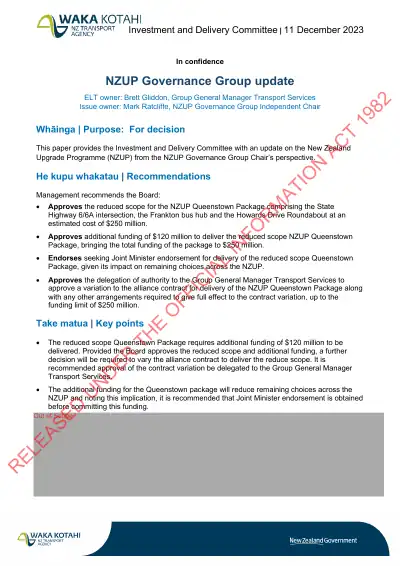 NZUP Governance Group update (Investment and Delivery Committee, 11 December 2023) - extract