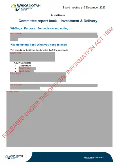 Committee report back - Investment & Delivery (Board meeting 12 December 2023) - extract