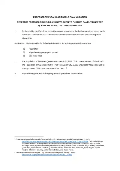 Proposed Te Pūtahi Ladies Mile Plan Variation – Response from Colin Shields and Dave Smith to Further Panel Transport Questions Raised on 13 December 2023