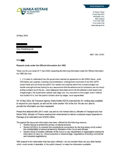 OIA-15181 response: Request made under the Official Information Act 1982 (Queenstown Package $250m - costs, contingencies and risk)
