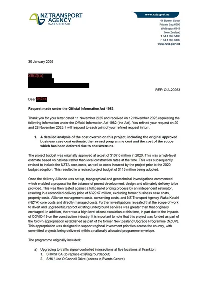 OIA-20263 response: Request made under the Official Information Act 1982 (NZUP Queenstown Package cost overrun)