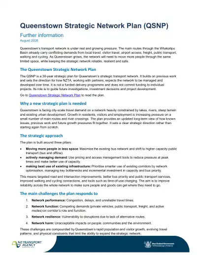 Queenstown Strategic Network Plan (QSNP) – Further information sheet (August 2026)