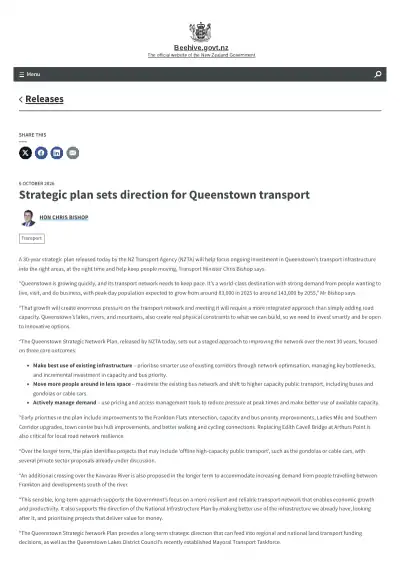 Strategic plan sets direction for Queenstown transport (Minister of Transport media release)