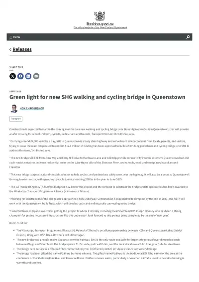 Green light for new SH6 walking and cycling bridge in Queenstown (media release)