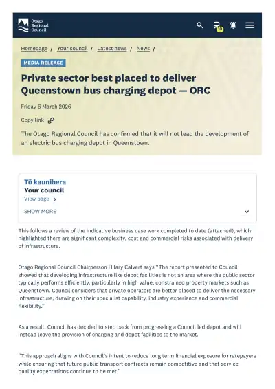 Private sector best placed to deliver Queenstown bus charging depot — ORC (media release)