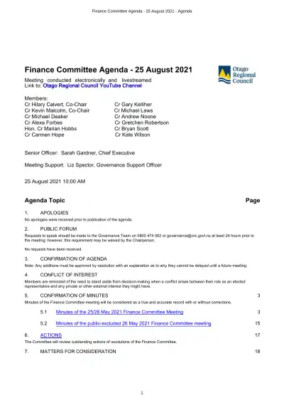 ORC Finance Committee 25 Aug 2021 – Agenda