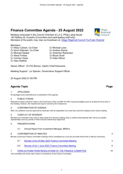 ORC Finance Committee 25 Aug 2022 – Agenda