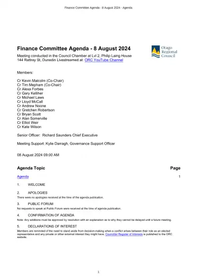 ORC Finance Committee 8 Aug 2024 – Agenda