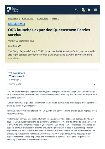 ORC launches expanded Queenstown Ferries service (media release)