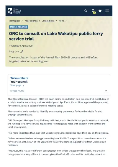 ORC to consult on Lake Wakatipu public ferry service trial (media release)