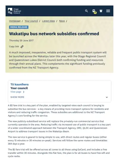 Wakatipu bus network subsidies confirmed (media release)