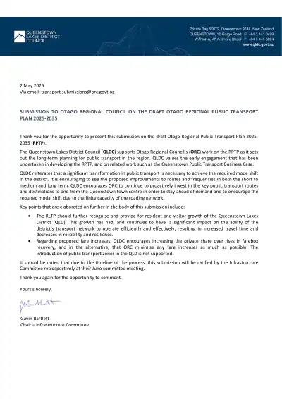 QLDC submission on ORC draft Regional Public Transport Plan