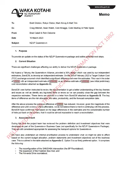 NZUP Queenstown – briefing memo to the General Manager Transport Services (10 March 2023)