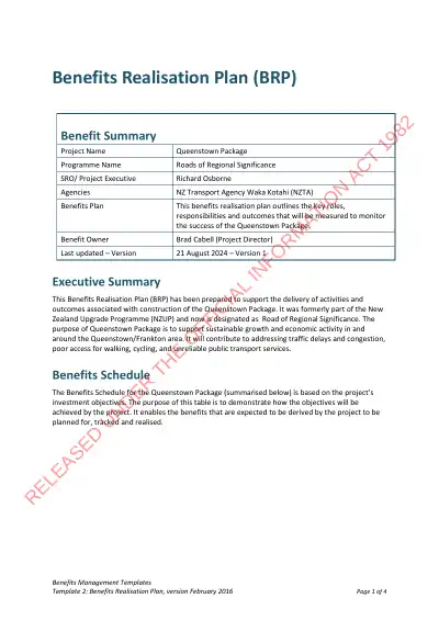 Queenstown Package – Benefits Realisation Plan (version 1, 21 August 2024)