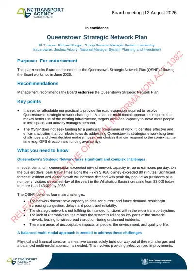 Queenstown Strategic Network Plan – NZTA Board paper for endorsement (12 August 2026)