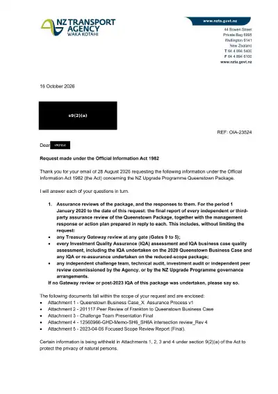 OIA-23524 response: NZ Upgrade Programme Queenstown Package and Queenstown Strategic Network Plan