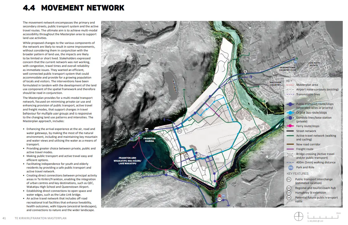 Movement network map of Frankton from the Te Kirikiri / Frankton Masterplan, with public transport routes and stops, an orbital bus route, a ferry route and stops, gondola lines and a base station marked private, active travel, park and ride, and a public transport interchange.