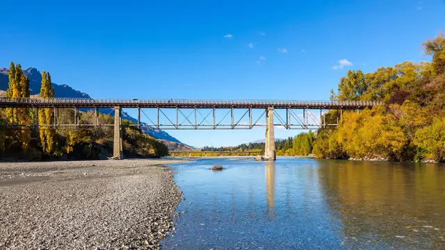 The Lower Shotover Bridge carrying State Highway 6 across the Shotover River.