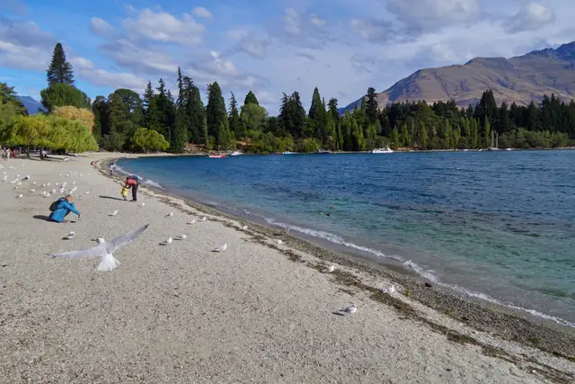 The beach and lakefront at Queenstown Bay.