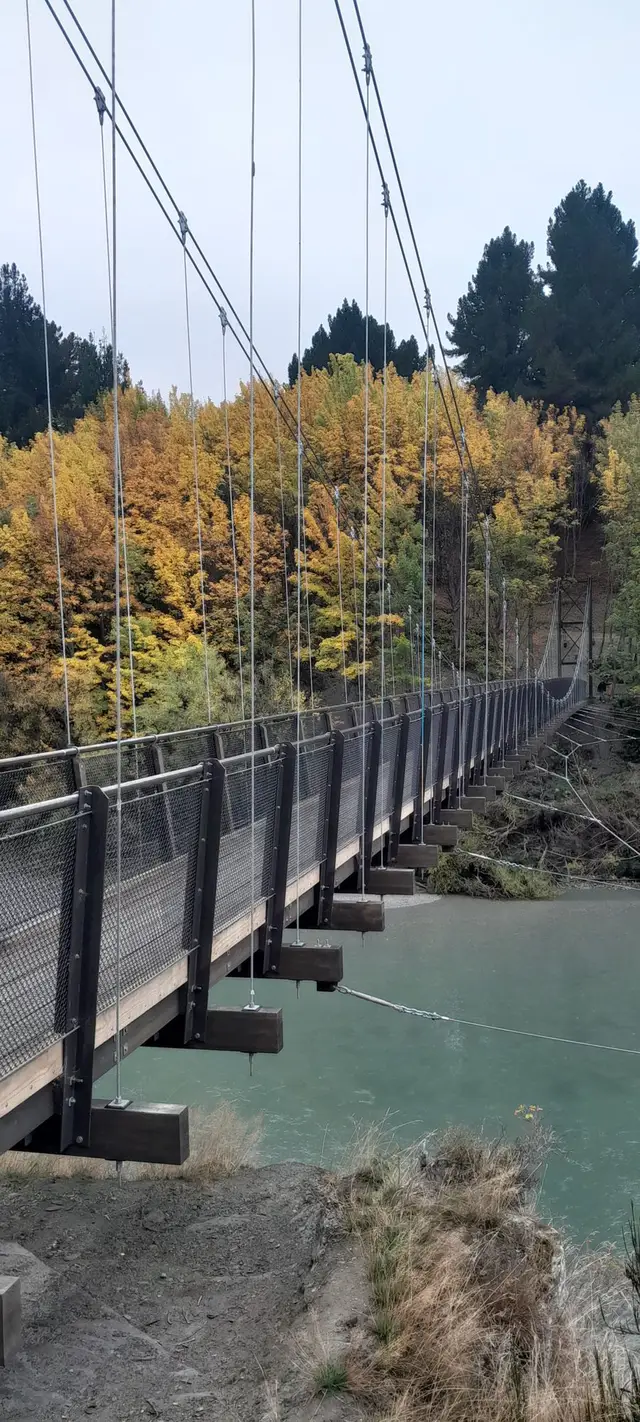 The Kimi-ākau bridge on the Shotover Gorge Trail, a narrow suspension span above the gorge.
